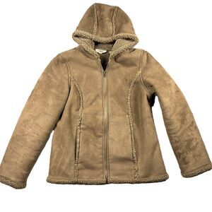LL Bean Women Sherpa Lined Hooded Coat Jacket Chore Penny Lane Brown Med 0FDL2